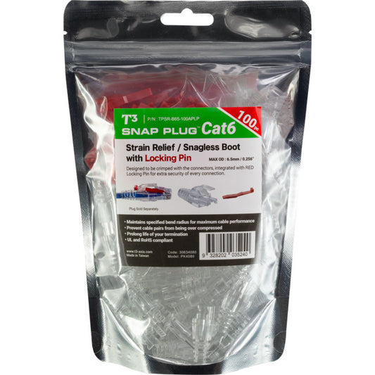 T3 PK4080 Clear 6.5mm RJ45 Rubber Boot With Locking Pin