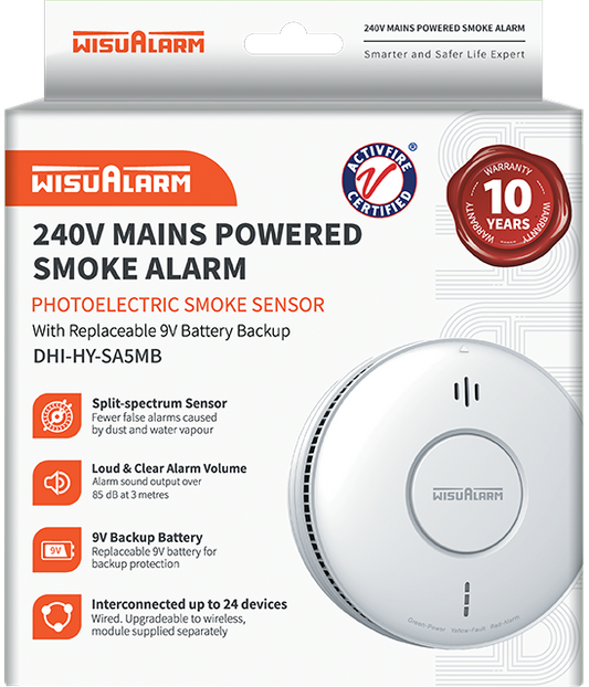 WisuAlarm DHI-HY-SA5MB 240V Mains Powered Smoke Alarm with 9V Battery Backup