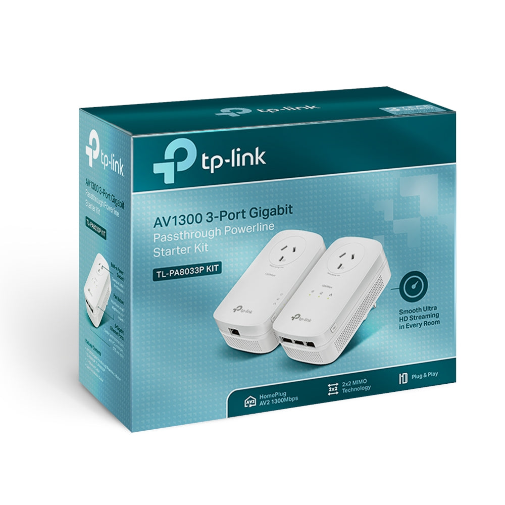 TP-Link TL-PA8033P AV1300 3-Port Gigabit Passthrough Powerline Starter Kit