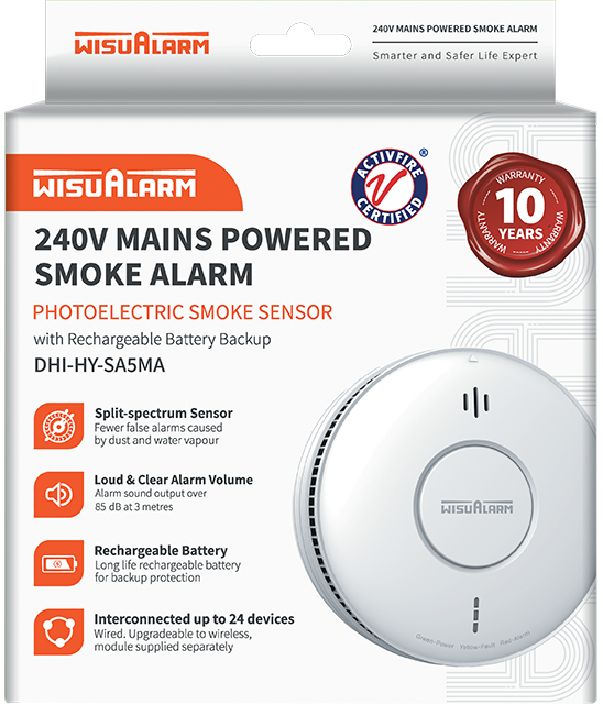 WisuAlarm DHI-HY-SA5MA 240 Volt Smoke Alarm with Long Life Lithium Battery