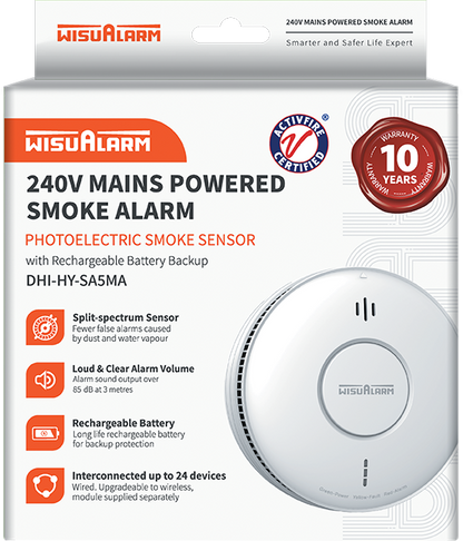 WisuAlarm DHI-HY-SA5MA 240 Volt Smoke Alarm with Long Life Lithium Battery