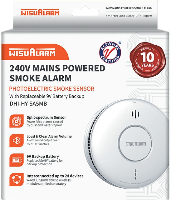 WisuAlarm DHI-HY-SA5MB 240V Mains Powered Smoke Alarm with 9V Battery Backup