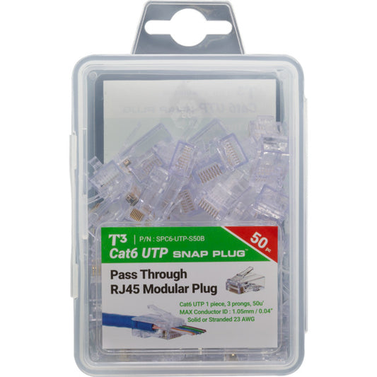T3 T3SPC6-50 RJ45 Cat6 Solid Thru Snap Plug - Pack of 50