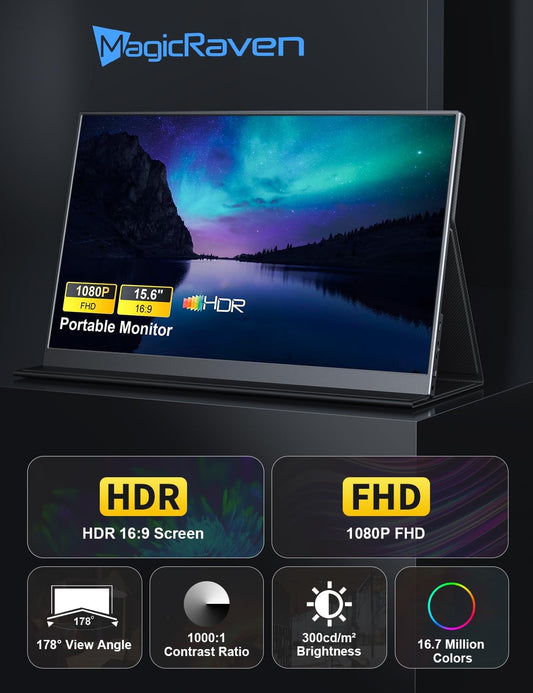 Portable 15.6" Lightweight Monitor 1080P FHD Screen + Speakers + Cover